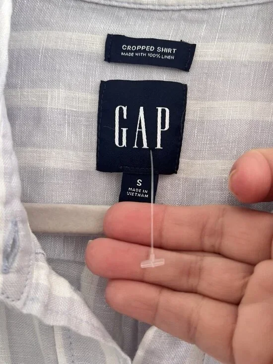 NEW Gap 100% Linen Cropped Shirt Button Up Womens S Blue White Stripe Boxy SMALL - Picture 7 of 7